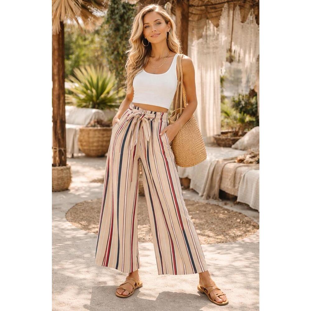 ILLA ILLA Cream Striped Wide-Leg Paperbag Pants
